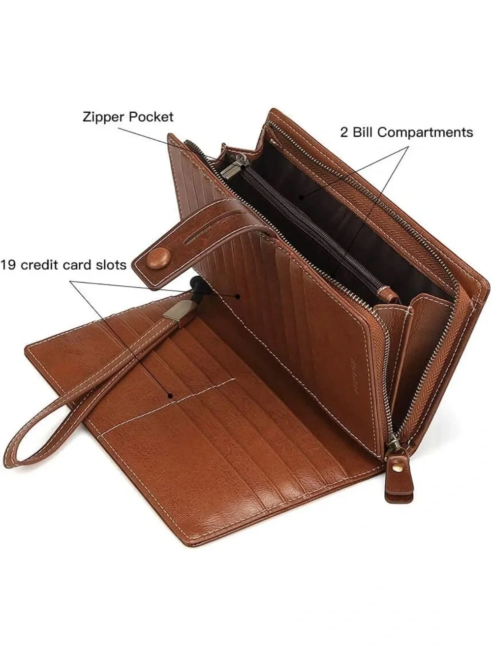 FUNTOR Women's Big Fat RFID Blocking Brown Leather Zip Around Wallet